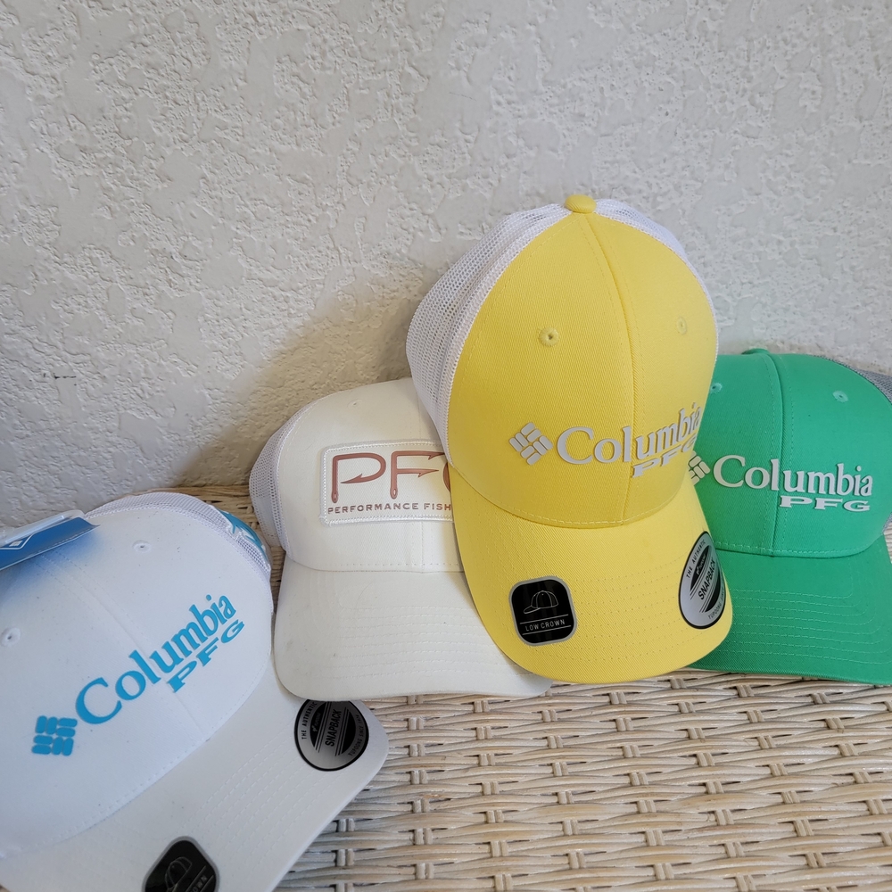 Columbia PFG Hats in Yellow, White, and Green